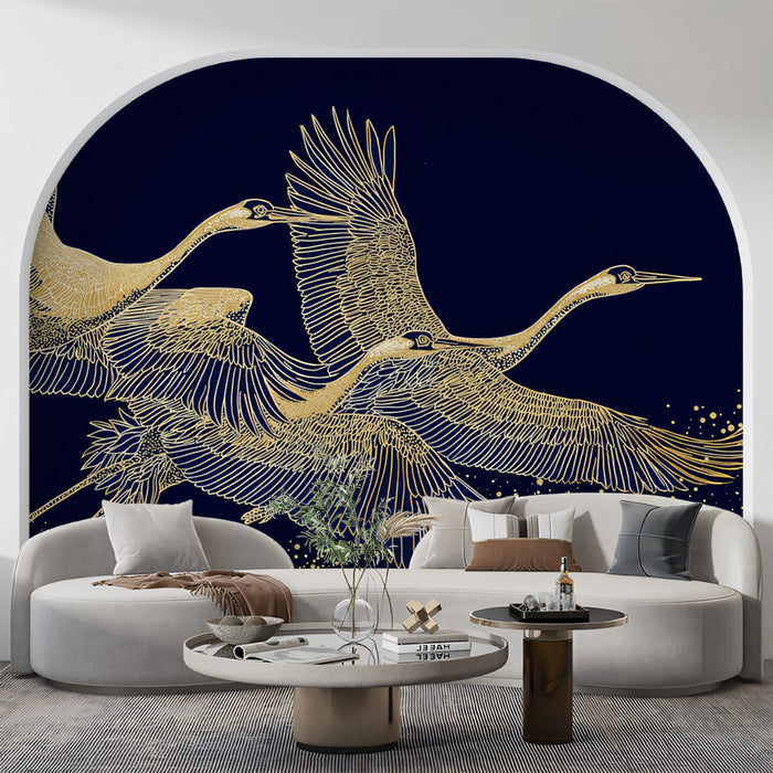Golden Cranes & Stars Mural Wallpaper | Elegant Night Sky