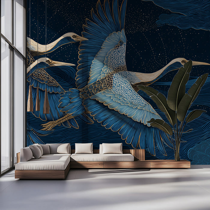 Blue & Gold Flying Cranes Mural Wallpaper | Whimsical Night