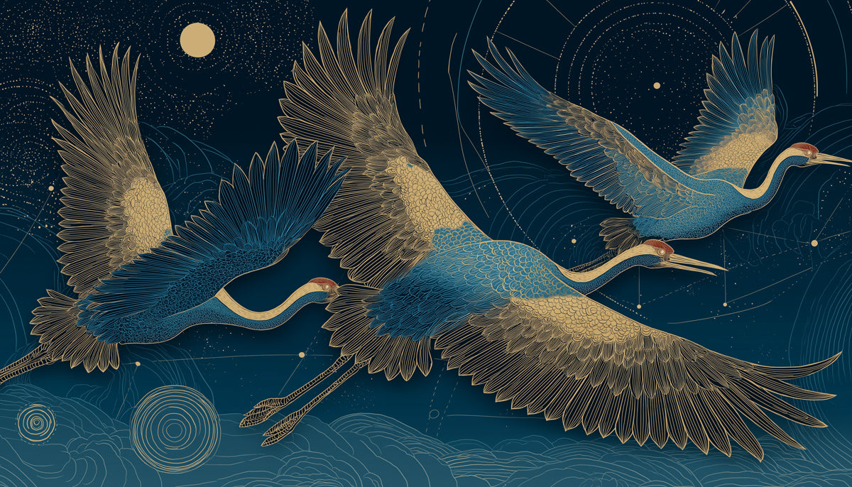 Elegant Cranes Under Moonlight Mural Wallpaper | Tranquil Scene