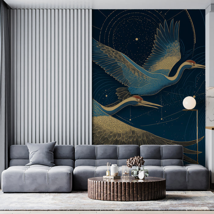Elegant Cranes Under Moonlight Mural Wallpaper | Tranquil Scene