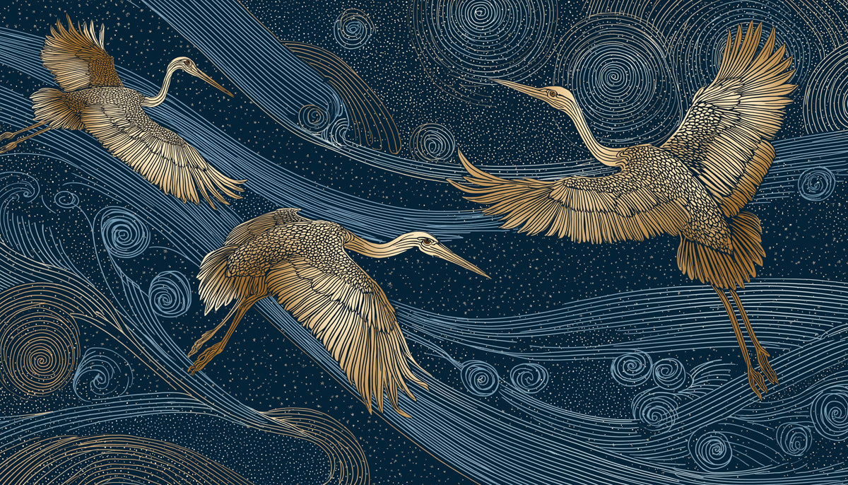 Ethereal Cranes & Swirls Mural Wallpaper | Dreamy Night Sky