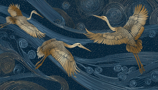 A deep navy wallpaper mural with gold etched cranes flying amidst swirling wind patterns and starry stippled night sky.