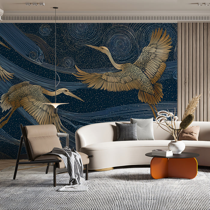 Ethereal Cranes & Swirls Mural Wallpaper | Dreamy Night Sky
