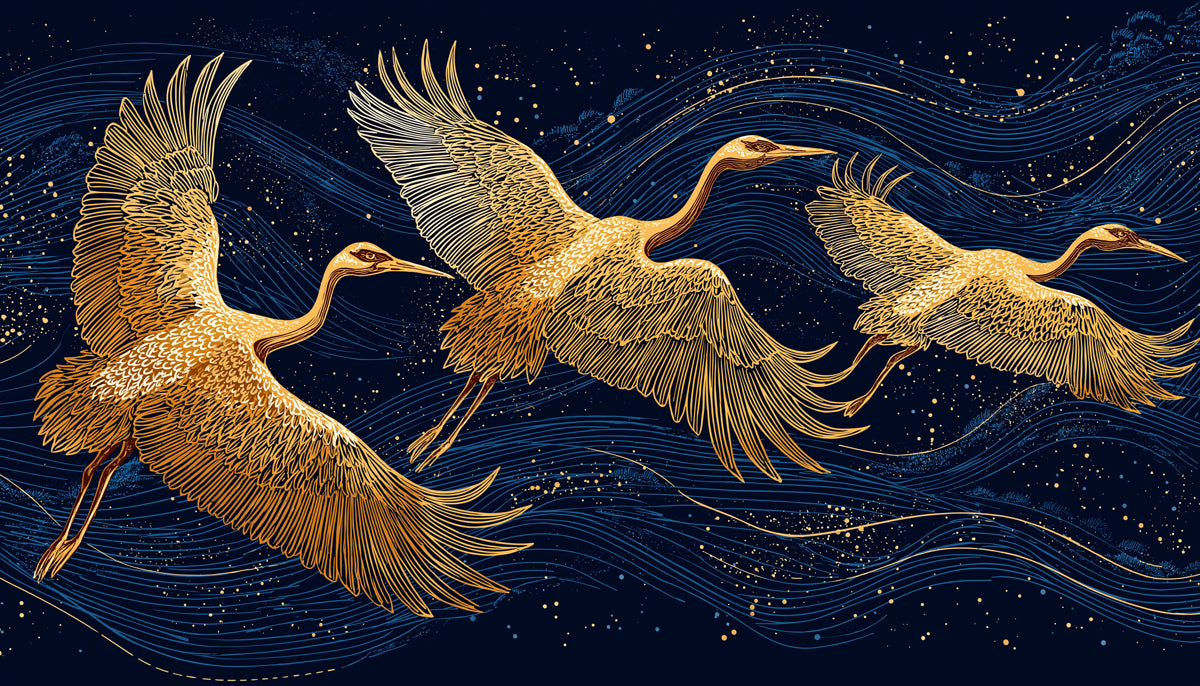 Gilded Cranes & Clouds Mural Wallpaper | Luxurious Serenity