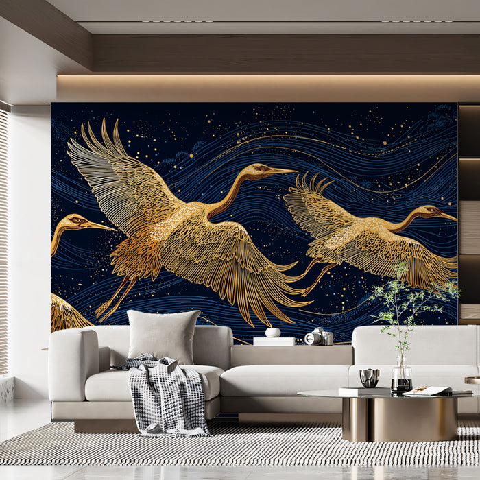 Gilded Cranes & Clouds Mural Wallpaper | Luxurious Serenity