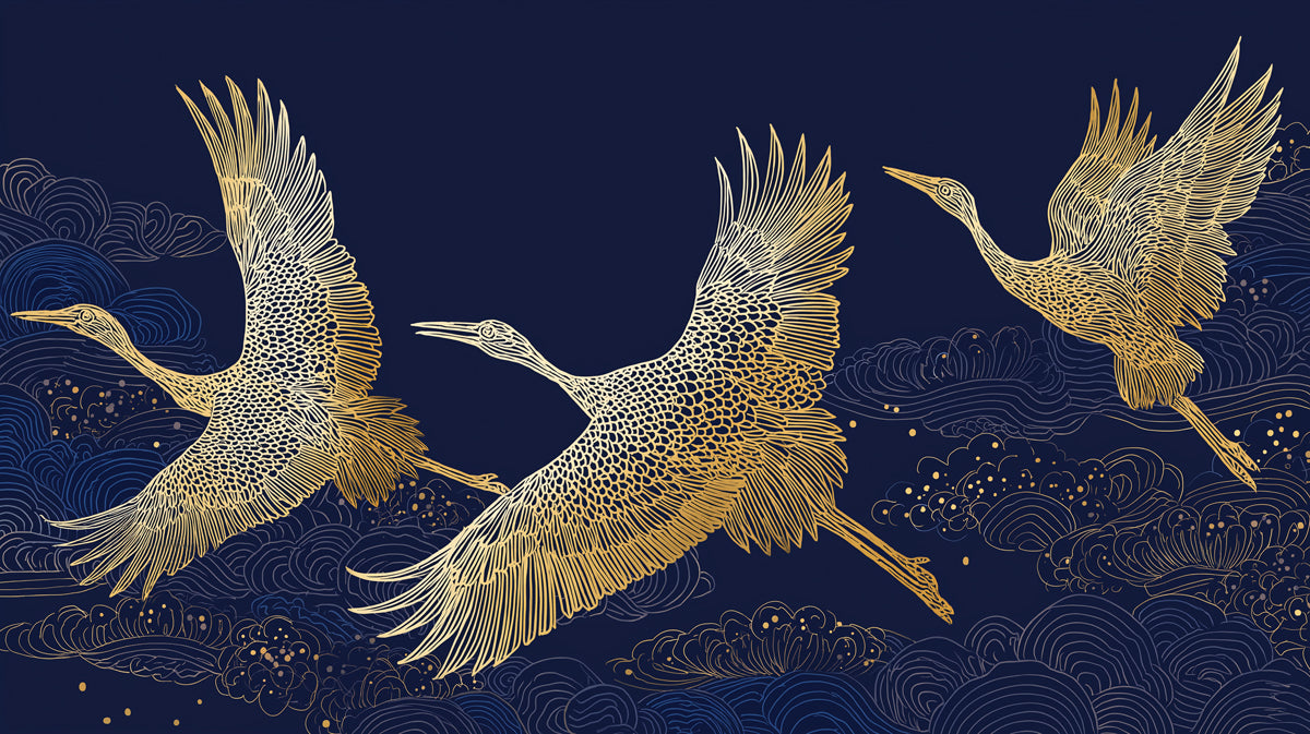 Golden Cranes & Clouds Mural Wallpaper | Classic Asian Art