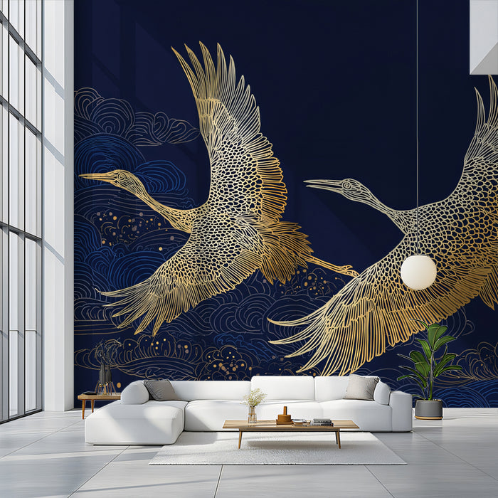 Golden Cranes & Clouds Mural Wallpaper | Classic Asian Art