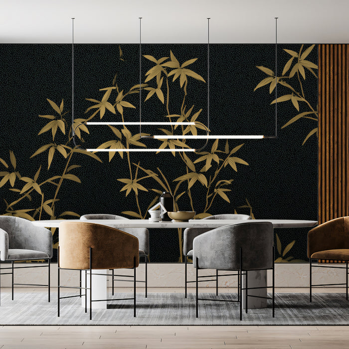 Elegant Golden Bamboo Mural Wallpaper | Dark Botanical Pattern