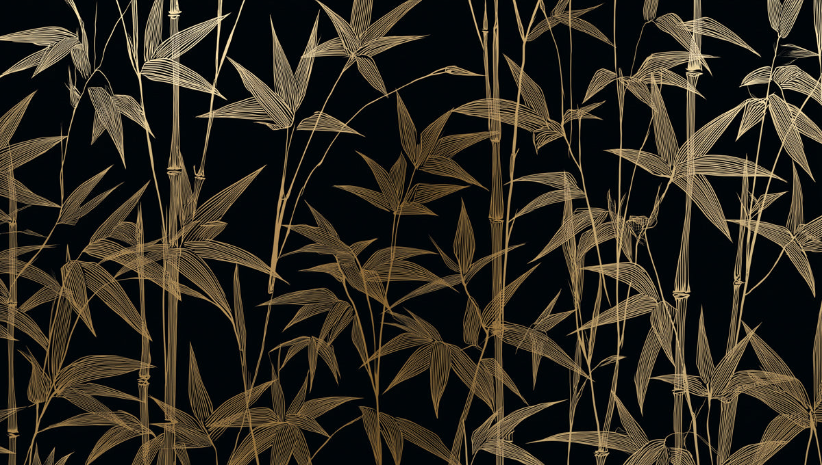 Luxurious Golden Bamboo on Charcoal Mural Wallpaper | Sophisticated Asian Design