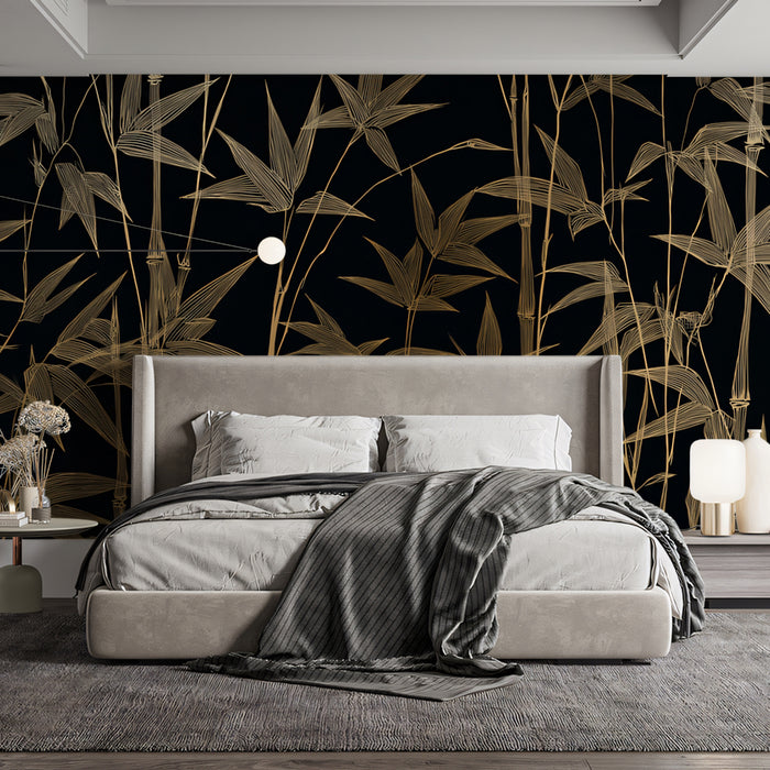 Luxurious Golden Bamboo on Charcoal Mural Wallpaper | Sophisticated Asian Design