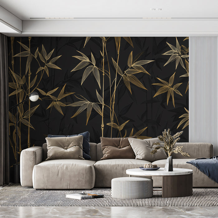 Flowing Golden Bamboo on Dark Gray Mural Wallpaper | Serene Botanical Art