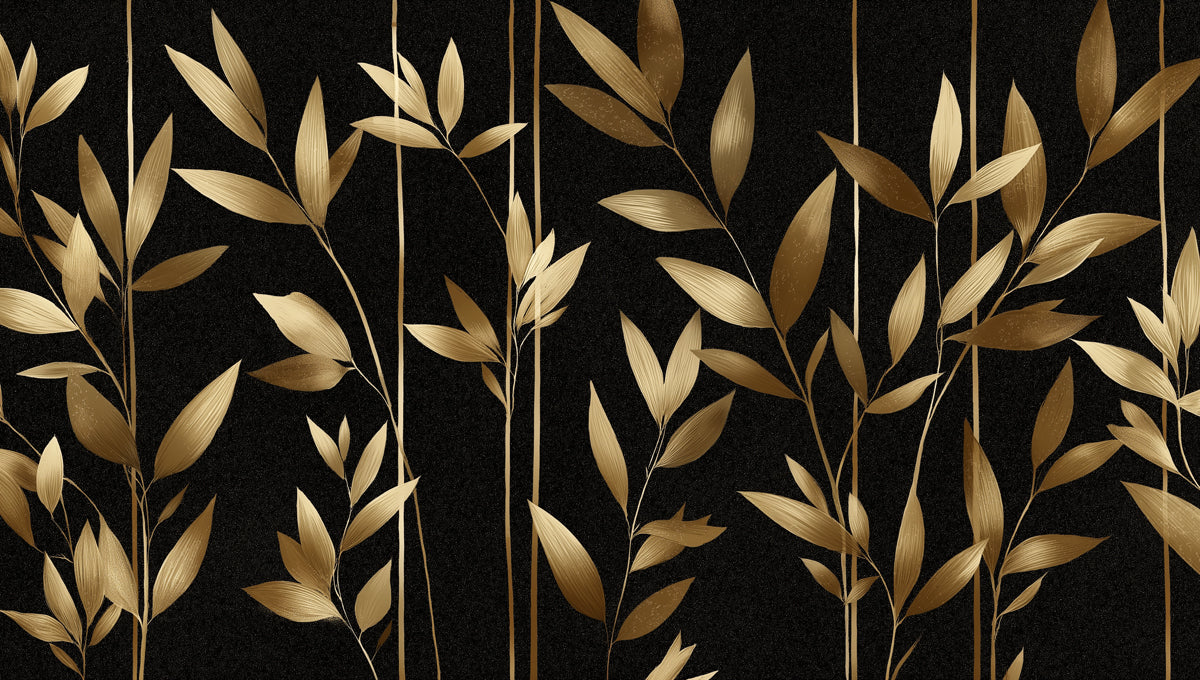 Golden Bamboo on Black Mural Wallpaper | Modern Botanical Art