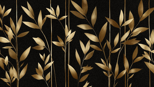 Metallic golden bamboo leaves with fine texture on a solid matte charcoal black background.