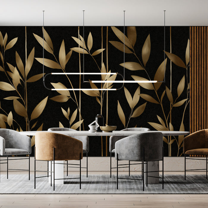 Golden Bamboo on Black Mural Wallpaper | Modern Botanical Art