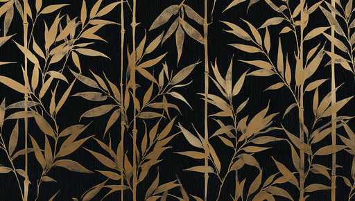 Vertical bamboo stalks in shimmering gold against a deep charcoal black textured background