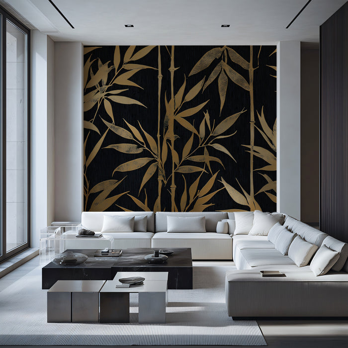 Luxurious Golden Bamboo on Black Mural Wallpaper | Modern Asian Art