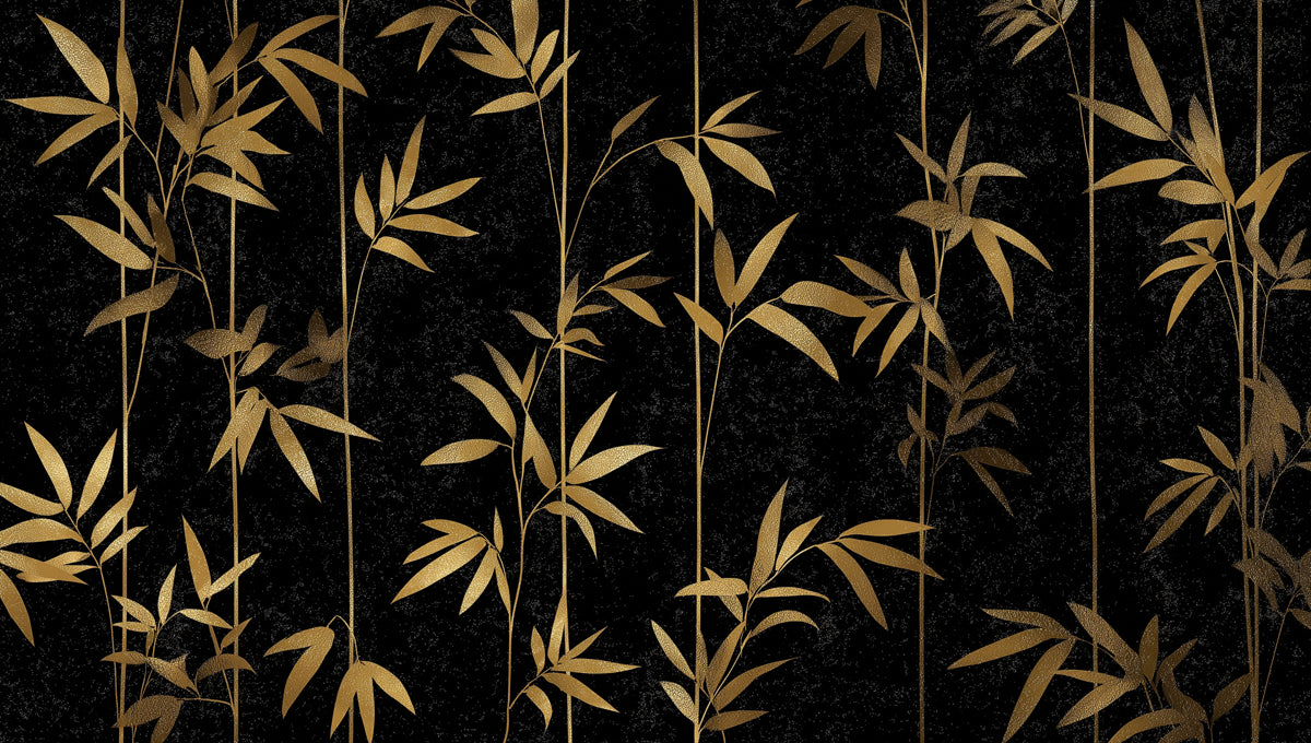Flowing Golden Bamboo on Black Mural Wallpaper | Serene Botanical Art
