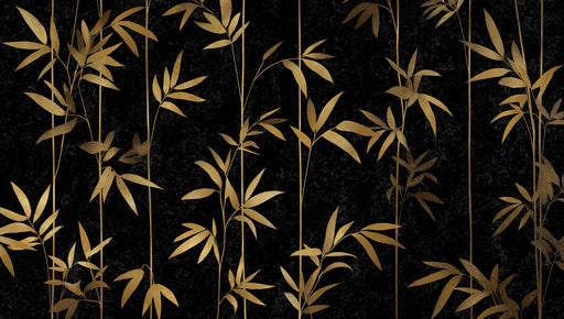 Abstract wallpaper pattern with shimmering gold bamboo stalks and leaves set against a deep textured charcoal black background