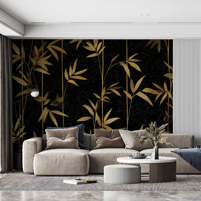 Flowing Golden Bamboo on Black Mural Wallpaper | Serene Botanical Art