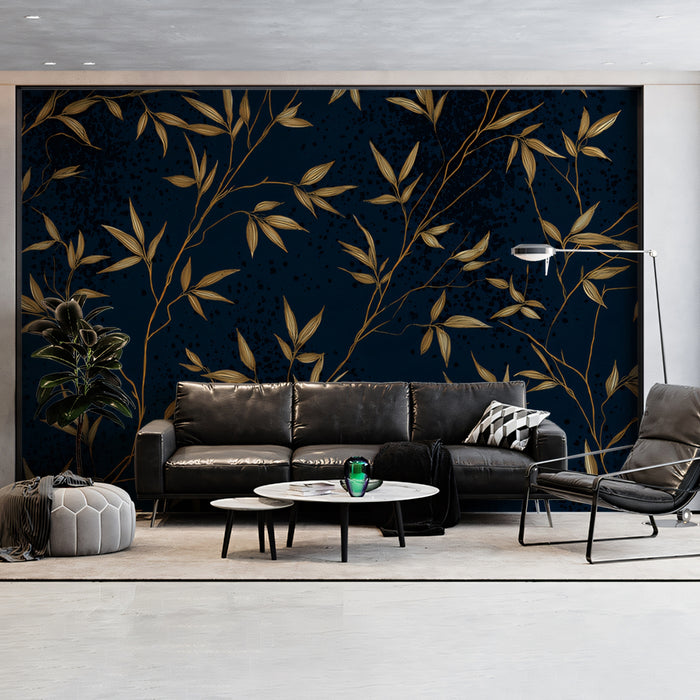 Golden Bamboo on Midnight Blue Mural Wallpaper | Elegant Asian Inspired
