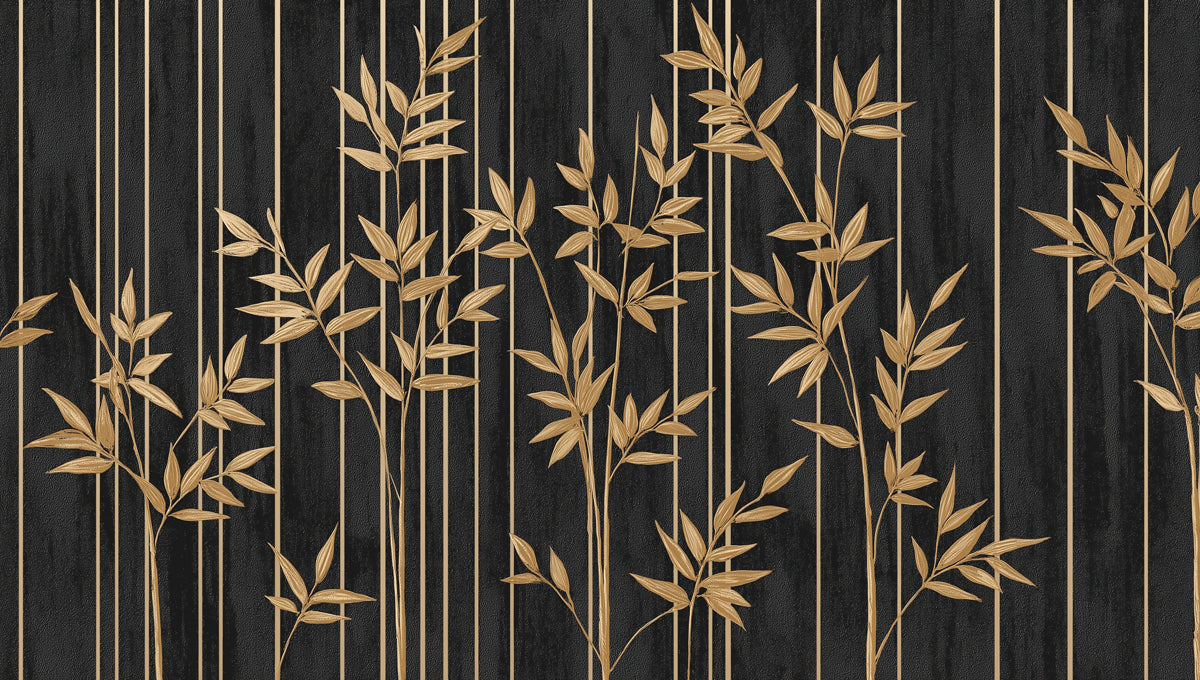 Gold Bamboo & Vertical Lines Mural Wallpaper | Modern Asian Design