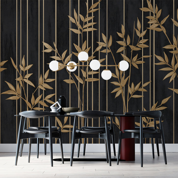 Gold Bamboo & Vertical Lines Mural Wallpaper | Modern Asian Design