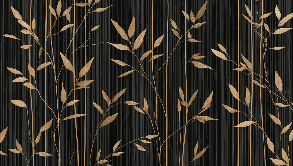 Flowing Gold Bamboo on Black Mural Wallpaper | Serene Botanical Art