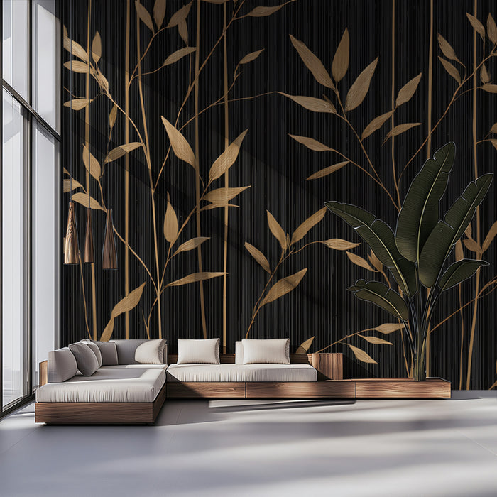 Flowing Gold Bamboo on Black Mural Wallpaper | Serene Botanical Art