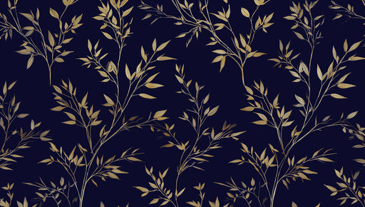 Wallpaper pattern featuring delicate golden twig and leaf line art on a deep navy blue background