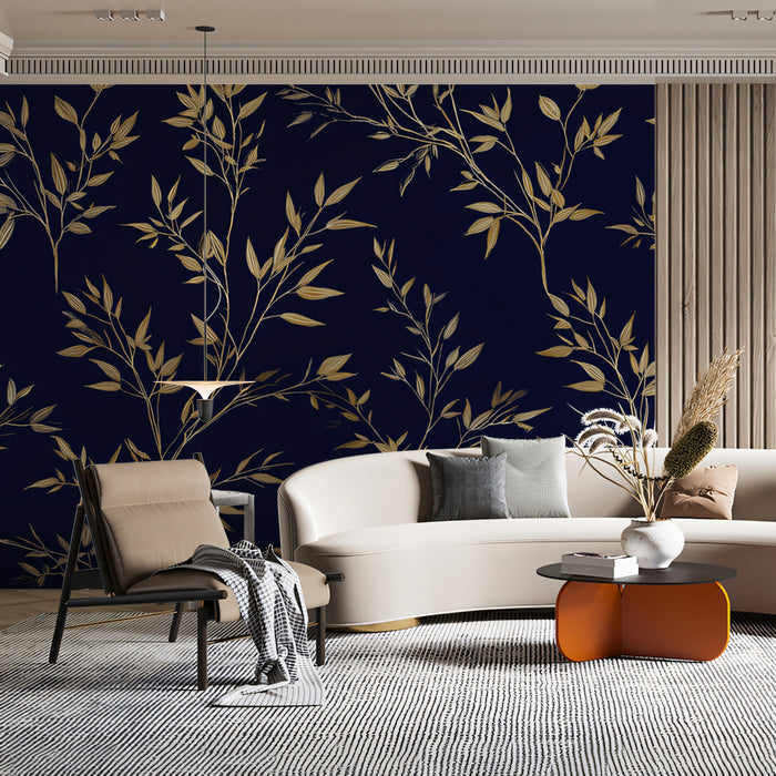 Golden Twig & Leaf Mural Wallpaper | Elegant Asian Inspired