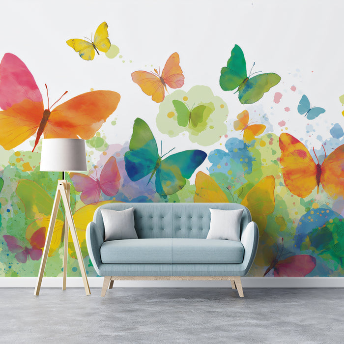 Vibrant Butterfly Meadow Mural Wallpaper | Colorful Watercolor Art