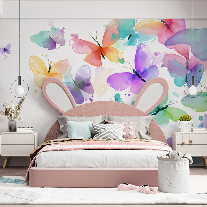 Rainbow Butterfly Swarm Mural Wallpaper | Colorful Watercolor Art