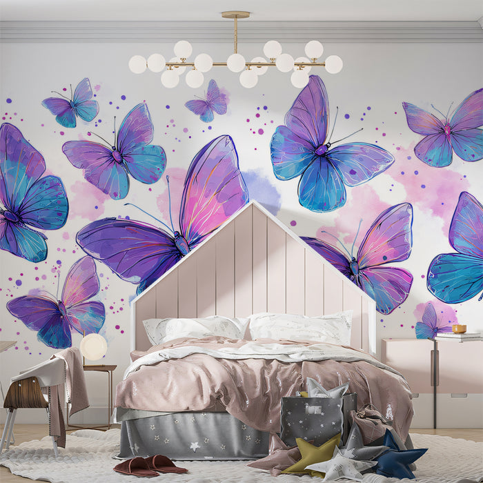 Purple & Blue Butterfly Swarm Mural Wallpaper | Luminous Watercolor Art