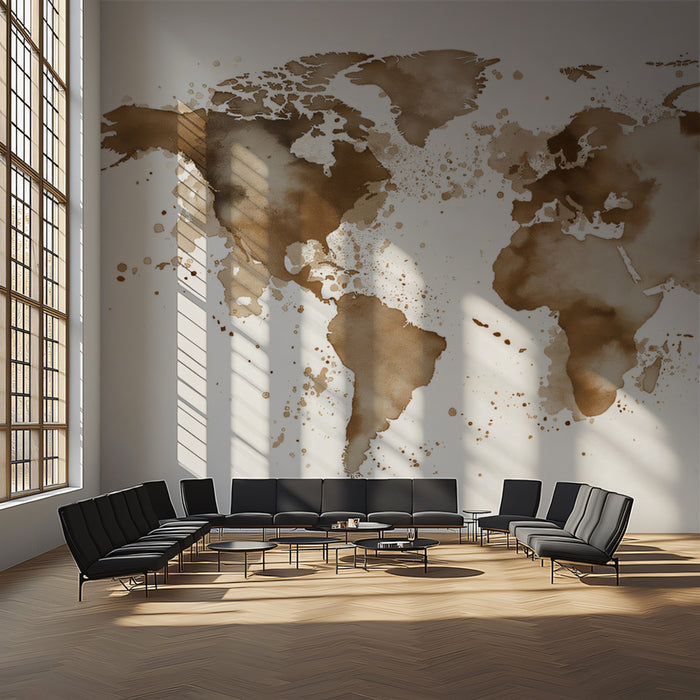 Coffee Stain World Map Mural Wallpaper | Rustic Abstract Art
