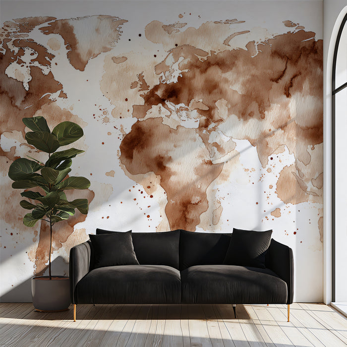 Coffee Wash World Map Mural Wallpaper | Rustic Abstract Art