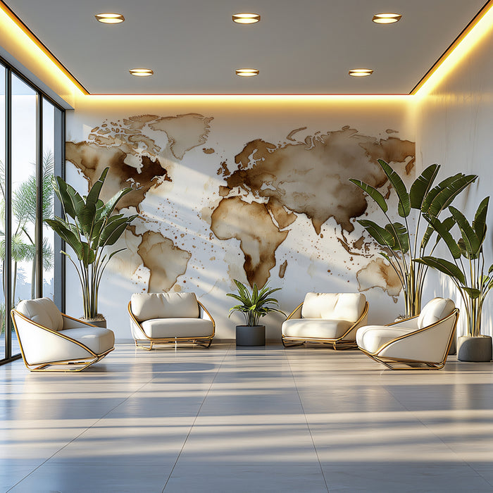 Coffee Stain World Map Mural Wallpaper | Warm Toned Abstract