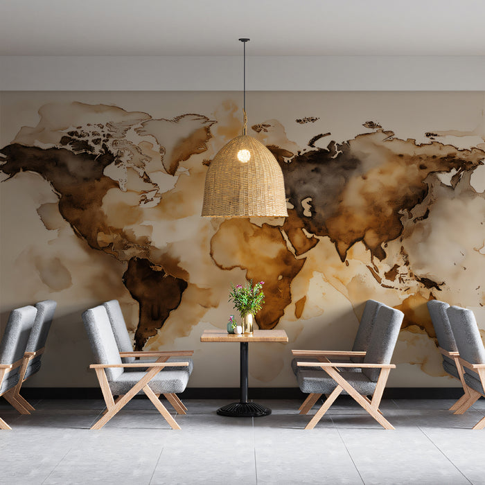 Watercolor World Map Mural Wallpaper | Soft Sepia Tones