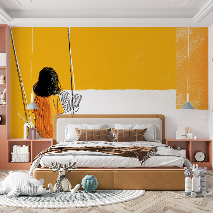 Reading on a Swing Mural Wallpaper | Cheerful Modern Art