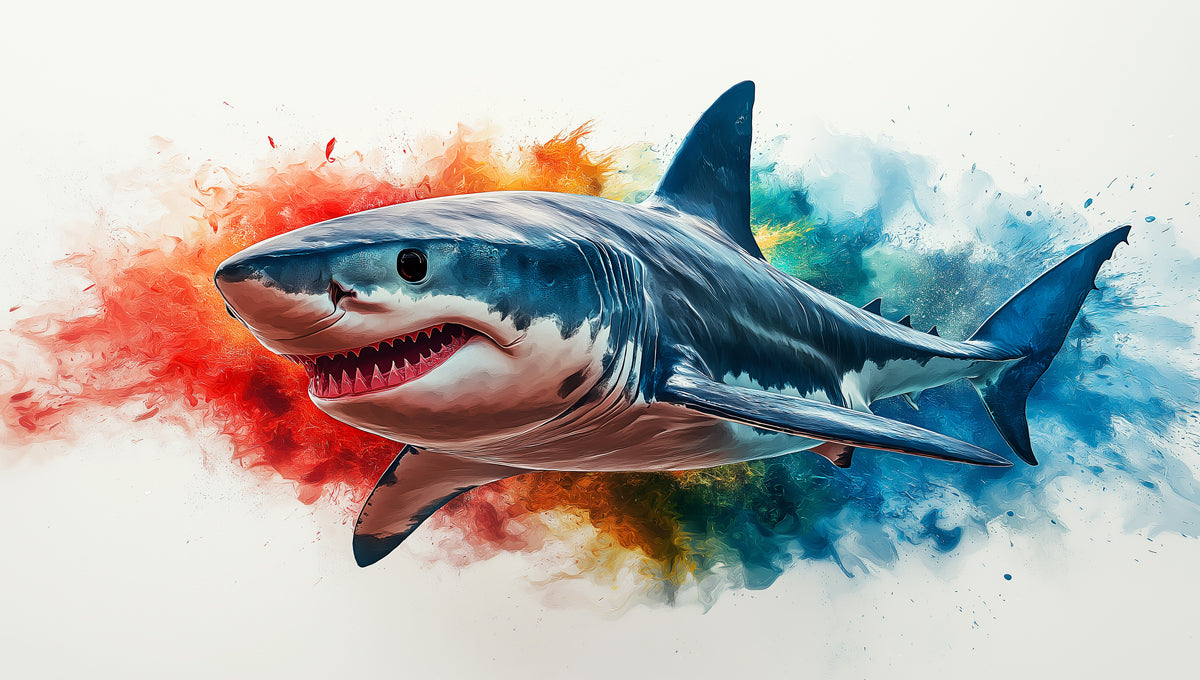 Shark Mural Wallpaper in Living Room | Blue, Red, Orange, and Various Colors of Shark