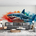 Shark Mural Wallpaper in Living Room | Blue, Red, Orange, and Various Colors of Shark