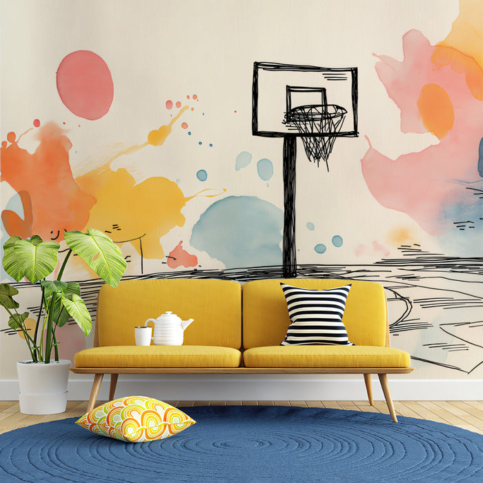 Watercolor Basketball Hoop Mural Wallpaper | Playful Urban Art