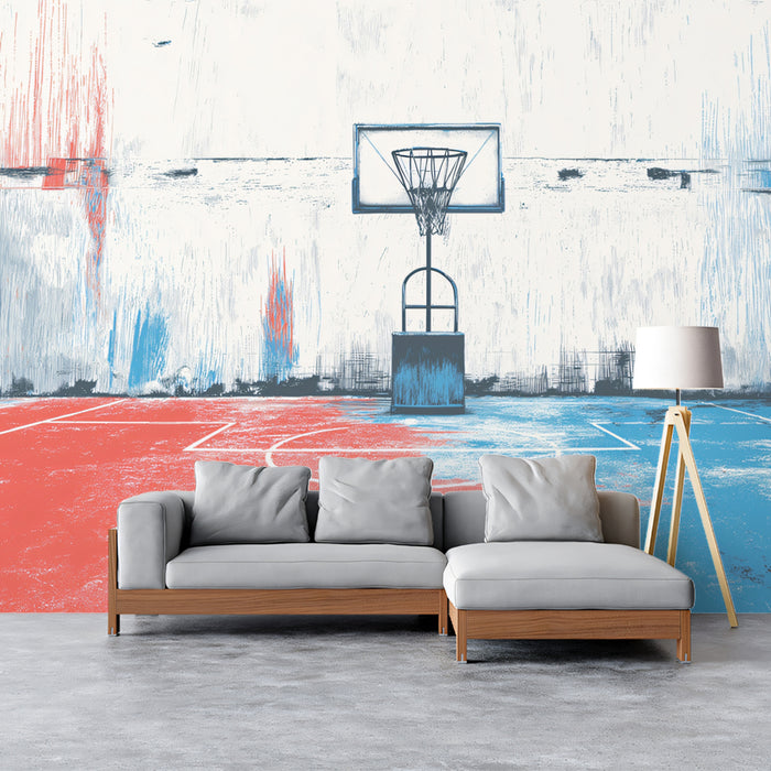 Urban Basketball Court Mural Wallpaper | Abstract Red & Blue