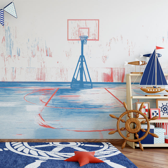 Abstract Basketball Court Mural Wallpaper | Graphic Red & Blue