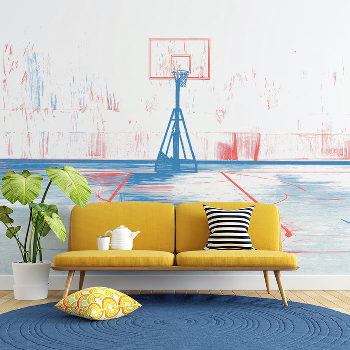 Abstract Basketball Court Mural Wallpaper | Graphic Red & Blue