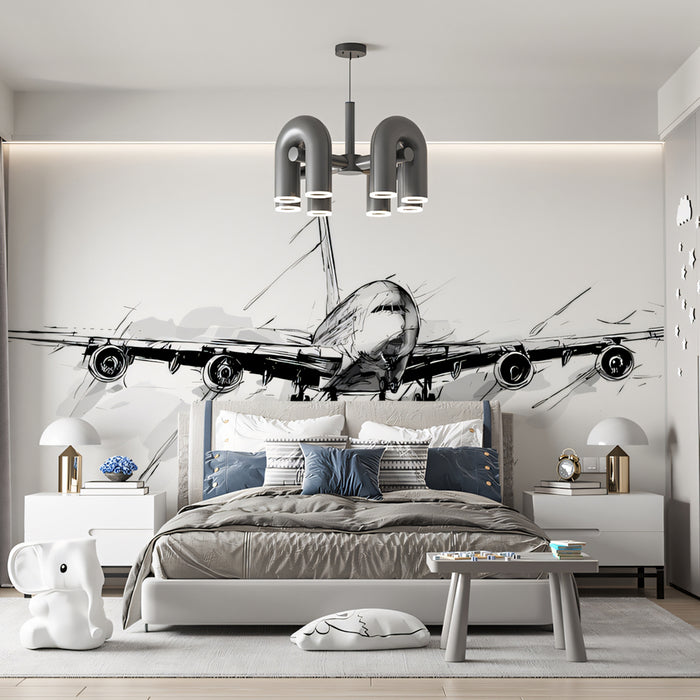 Sketchy Airplane Mural Wallpaper | Bold Black & White Art