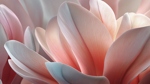 Macro floral wallpaper featuring overlapping petals in gradient shades of rose pink, coral, and creamy white with soft blue shadows