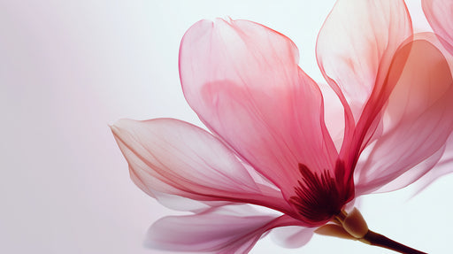 Macro shot of a translucent pink orchid flower with delicate petals and a dark burgundy center against a soft white background.