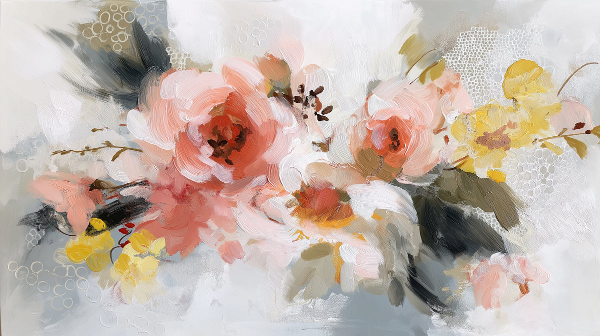 Abstract Artistic Floral Mural Wallpaper | Soft Pink, Gold & Gray Impressionistic Bouquet