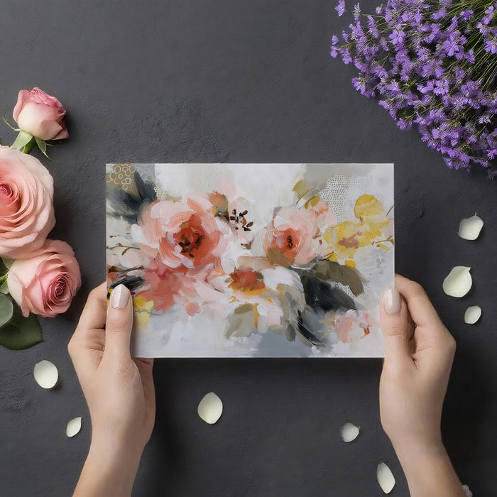 Abstract Artistic Floral Mural Wallpaper | Soft Pink, Gold & Gray Impressionistic Bouquet