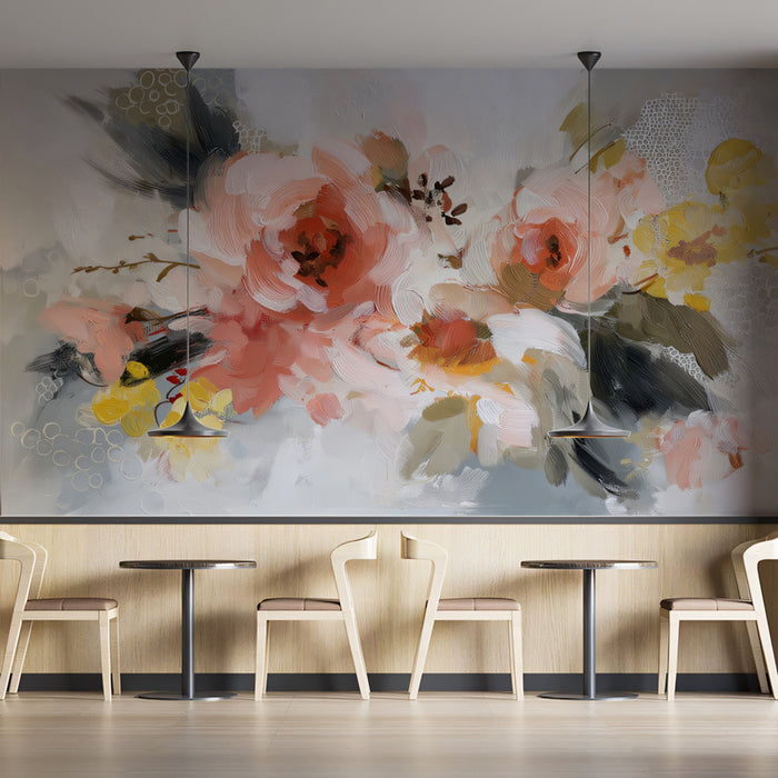 Abstract Artistic Floral Mural Wallpaper | Soft Pink, Gold & Gray Impressionistic Bouquet